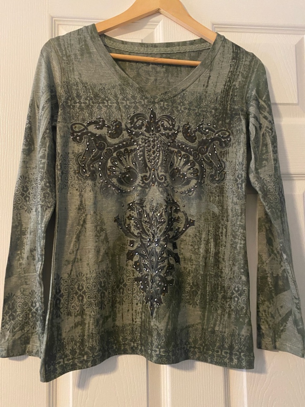 Olive Green Long Sleeve Embellished V-Neck Tee